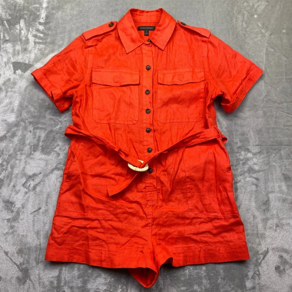 Banana Republic Petite Orange Linen Utility Romper Belted Short Sleeve Sz S Boho